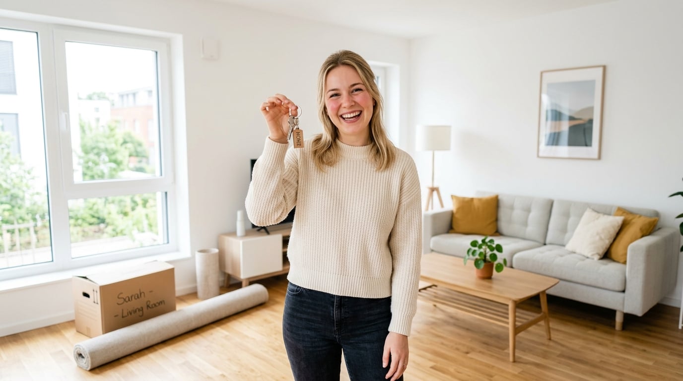Happy renter with apartment keys representing getting their full security deposit back