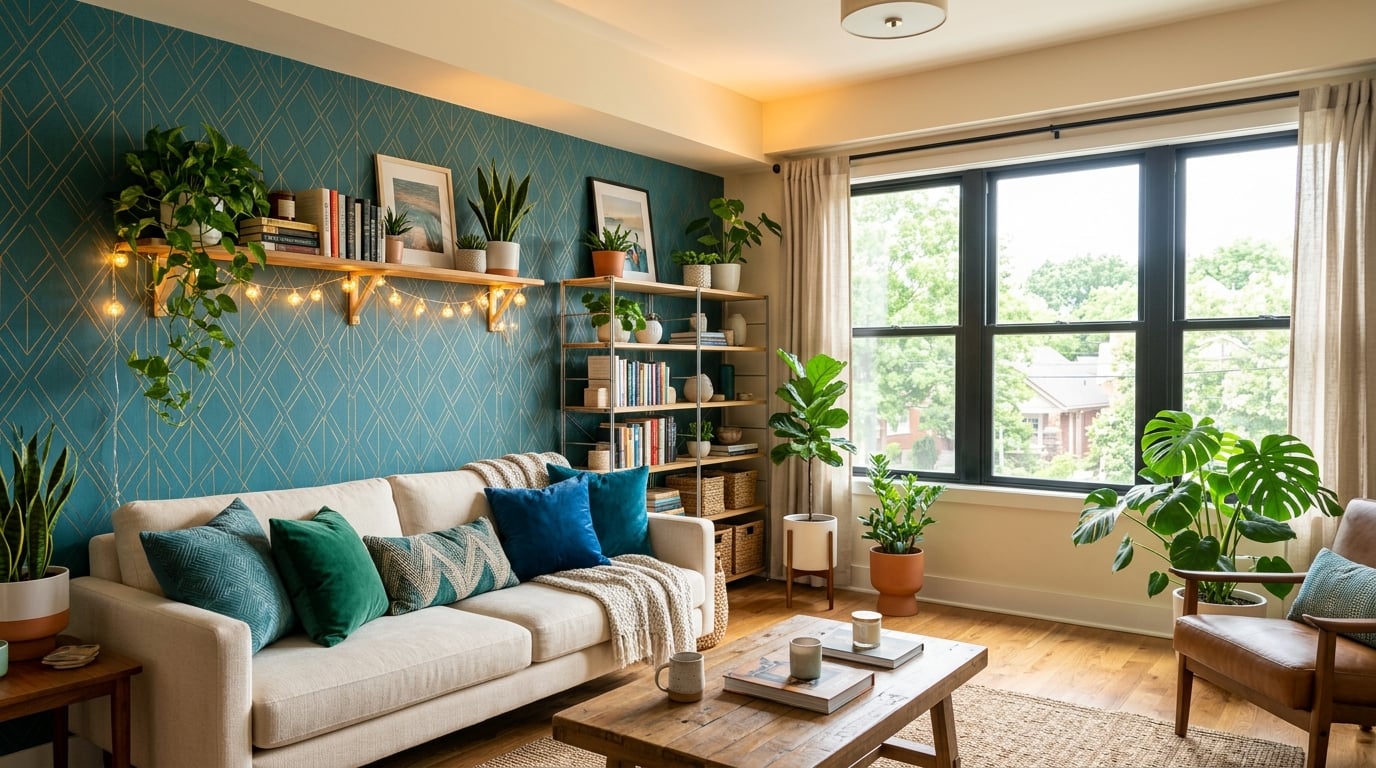 Beautifully decorated rental apartment with peel-and-stick wallpaper, string lights, and organized shelving
