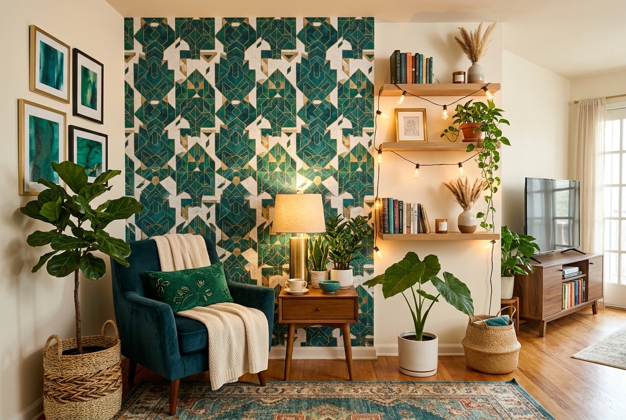 Same apartment room beautifully transformed with wallpaper, plants, string lights, and organized shelves