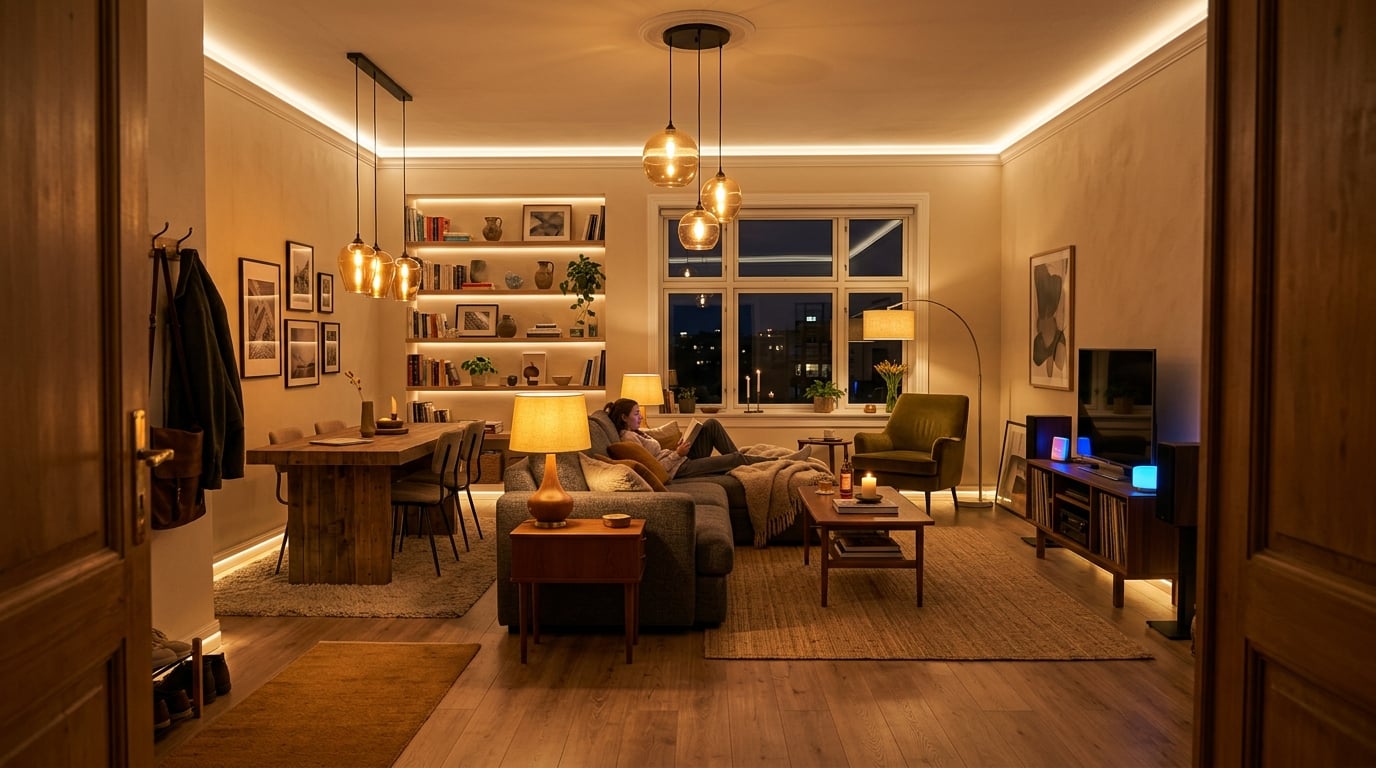 After: Warm Ambient Lighting Upgrade - renter-friendly apartment transformation